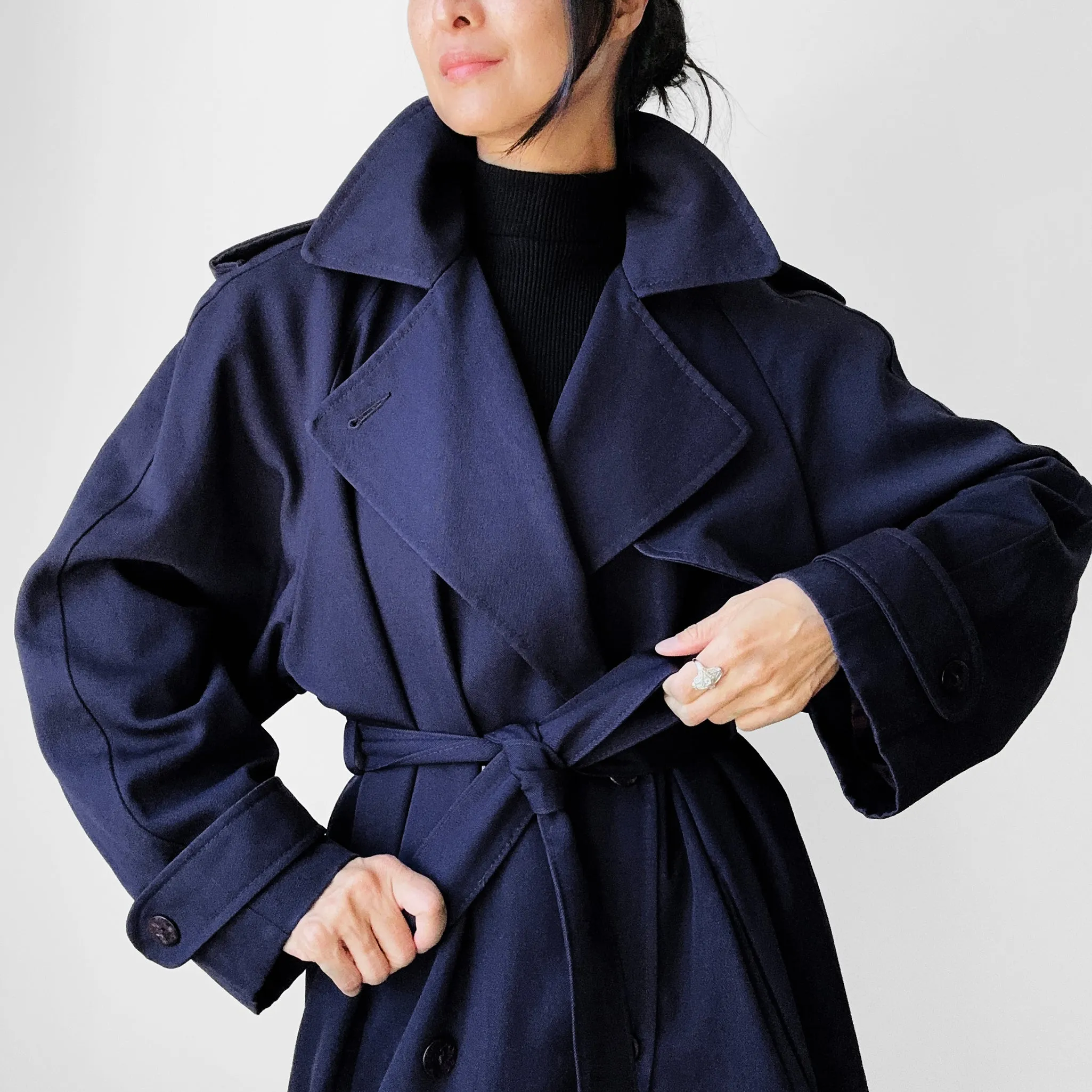 1980s Dark Eggplant Belted Double-Breasted Wool Trench Coat - Sz. S/M/L