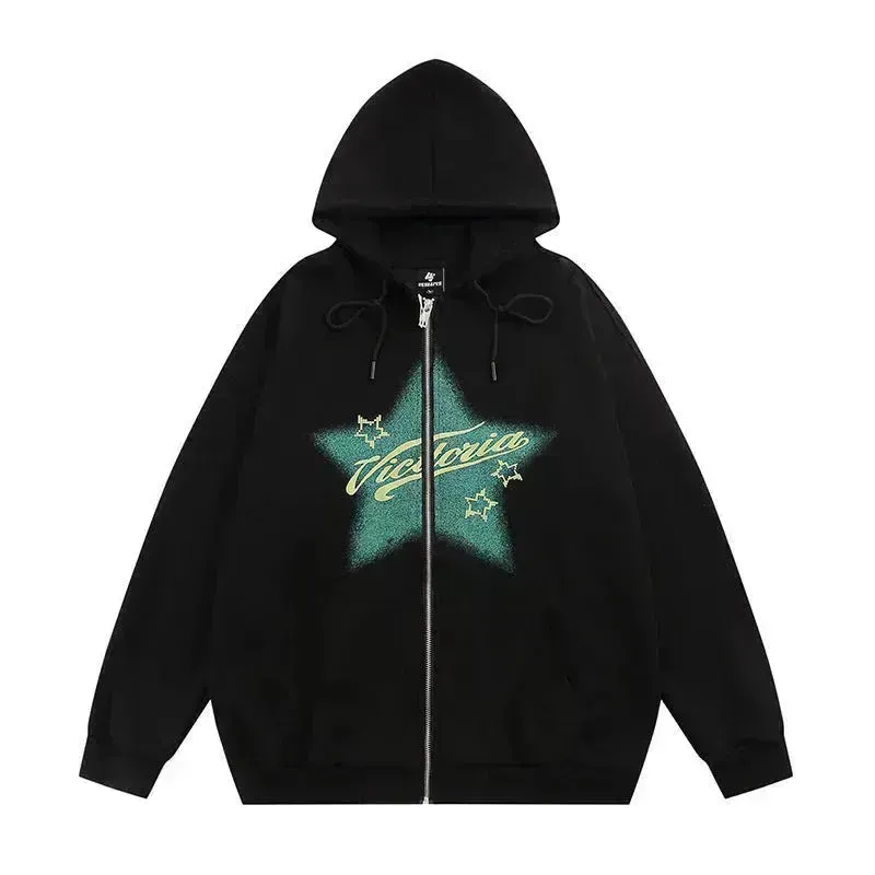 American street Star Printed Hoodie Cardigan unisex for fall winter