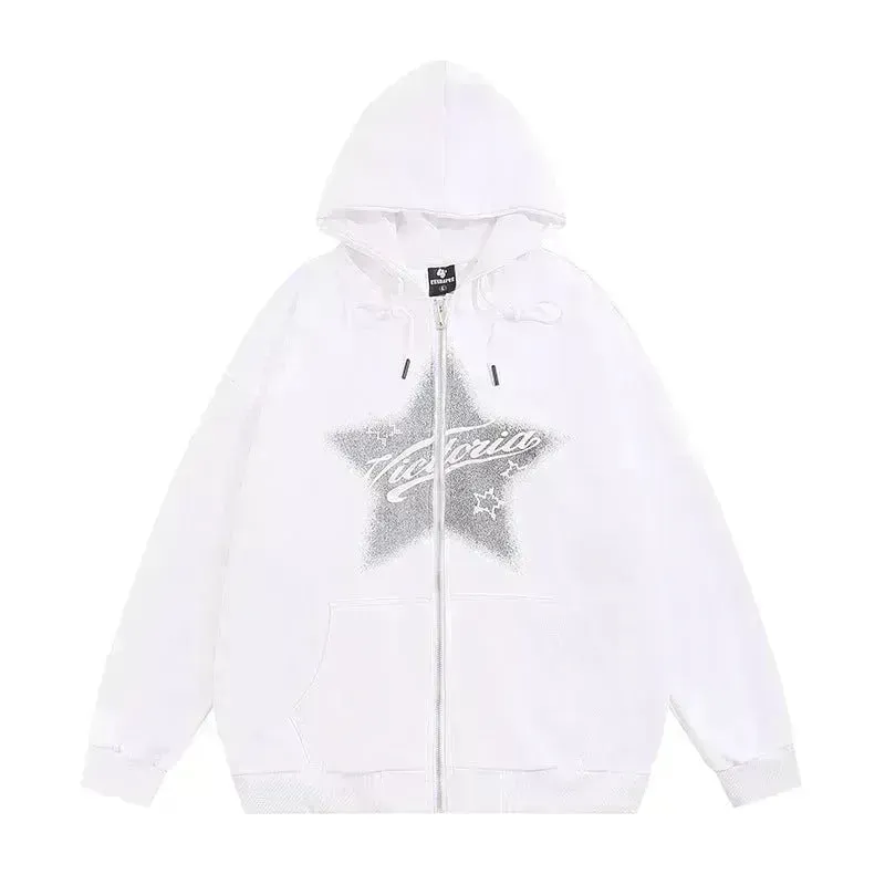 American street Star Printed Hoodie Cardigan unisex for fall winter