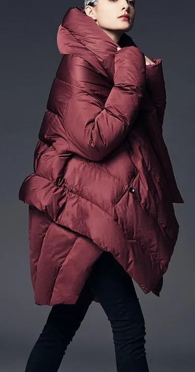 Asymmetric Puffer Coat, Wine Red