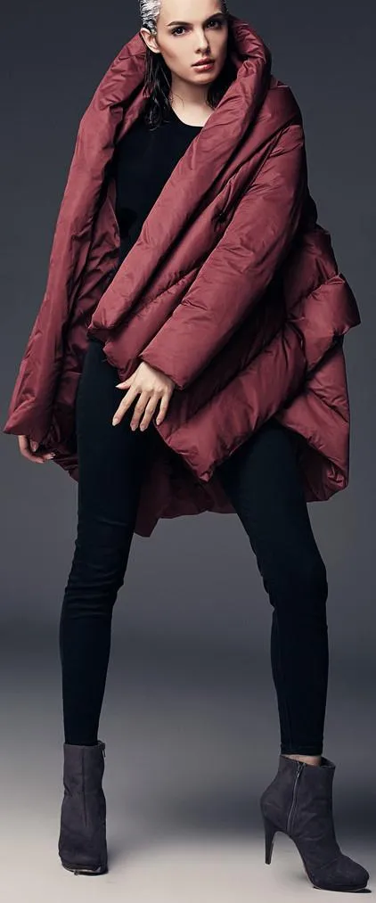 Asymmetric Puffer Coat, Wine Red