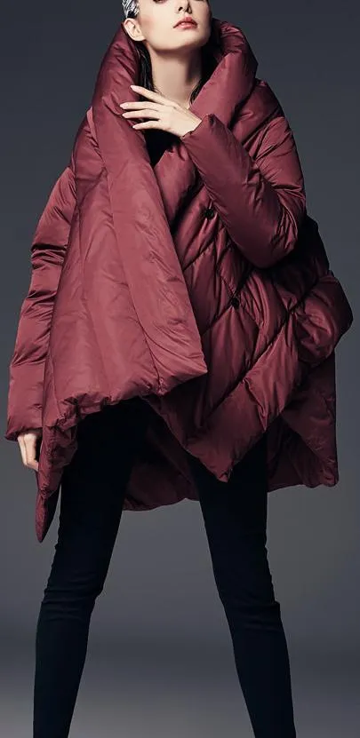 Asymmetric Puffer Coat, Wine Red