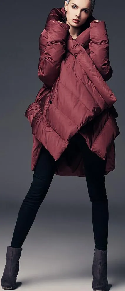 Asymmetric Puffer Coat, Wine Red