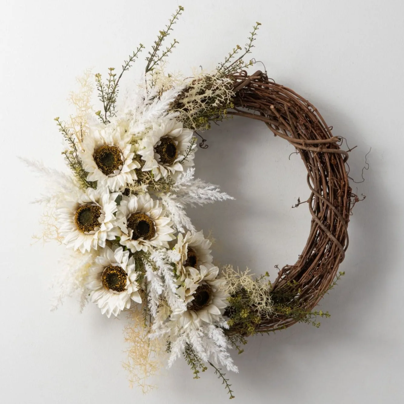 Autumn In Full Bloom - White Sunflower & Faux Pampas Grass Asymmetric Front Door Fall Wreath