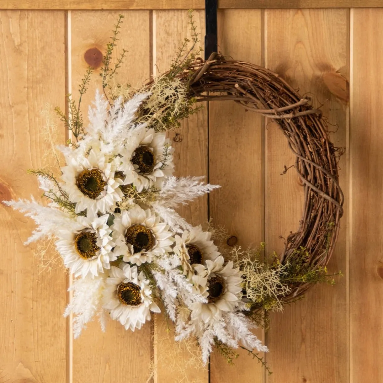 Autumn In Full Bloom - White Sunflower & Faux Pampas Grass Asymmetric Front Door Fall Wreath