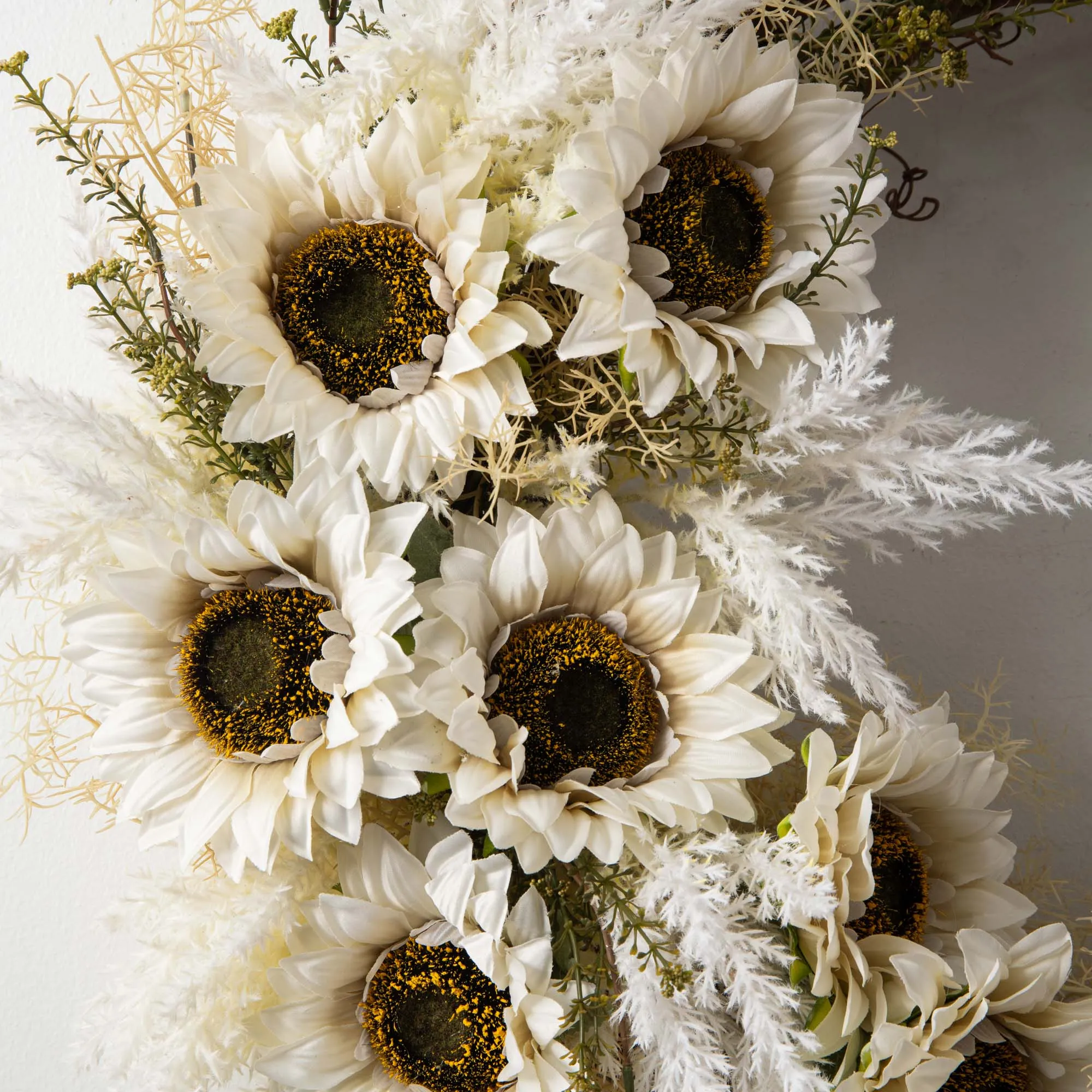 Autumn In Full Bloom - White Sunflower & Faux Pampas Grass Asymmetric Front Door Fall Wreath