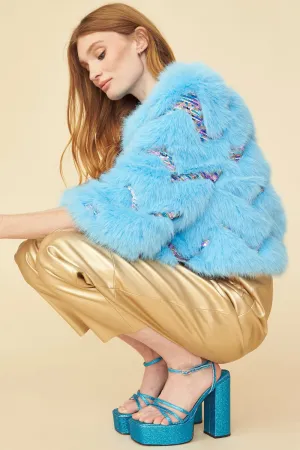 Bamboo Sequin Eco Faux Fur Coat in Blue