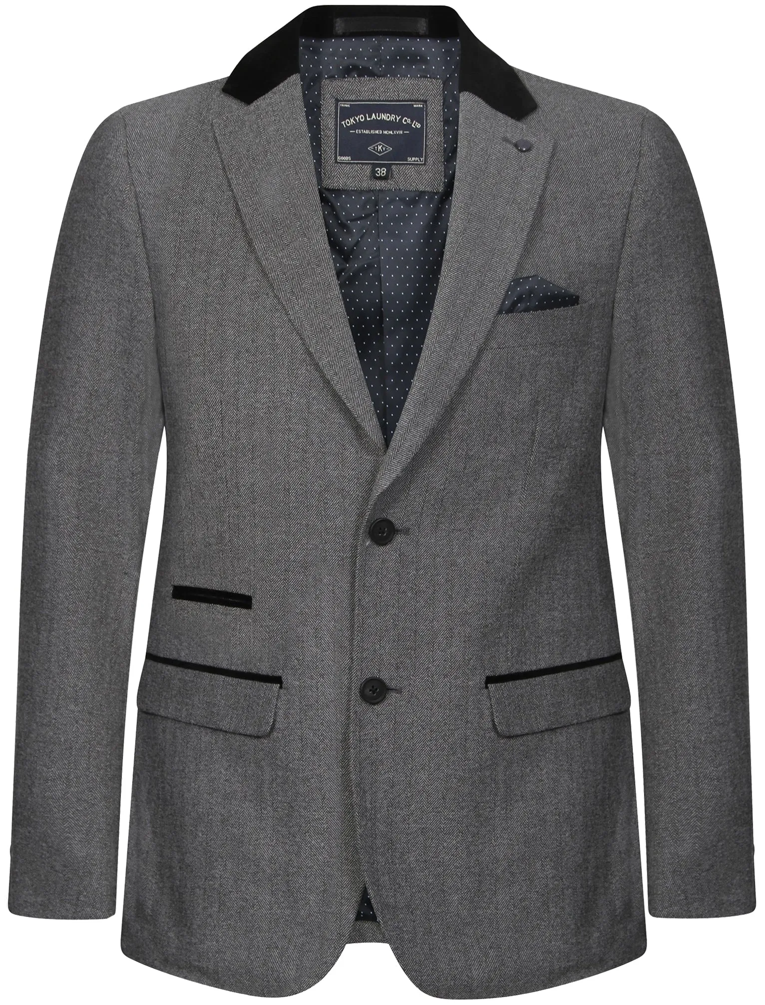 Bellucci Suit Blazer with Velvet Detail in Grey Herringbone - Tokyo Laundry