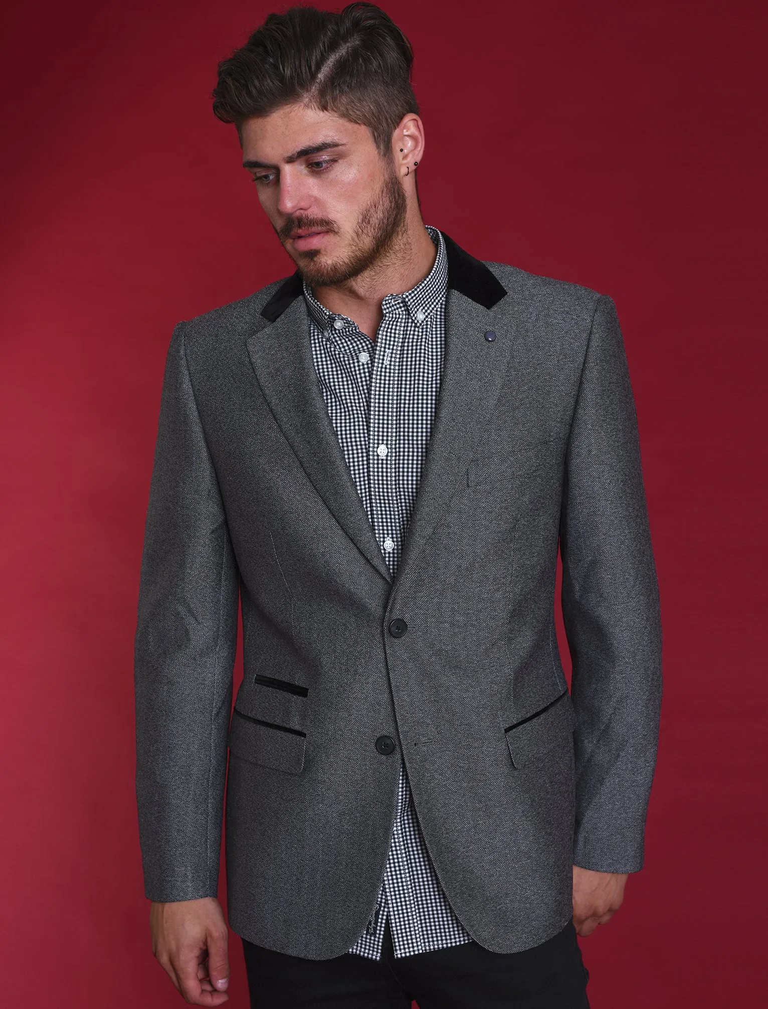 Bellucci Suit Blazer with Velvet Detail in Grey Herringbone - Tokyo Laundry