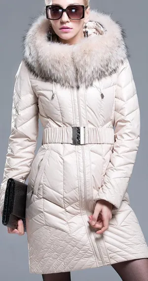 Belted Down-Fill Fur-Hooded Coat - Cream/Beige