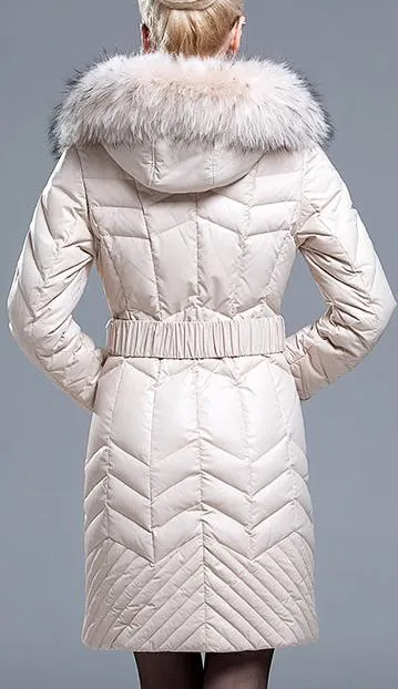 Belted Down-Fill Fur-Hooded Coat - Cream/Beige