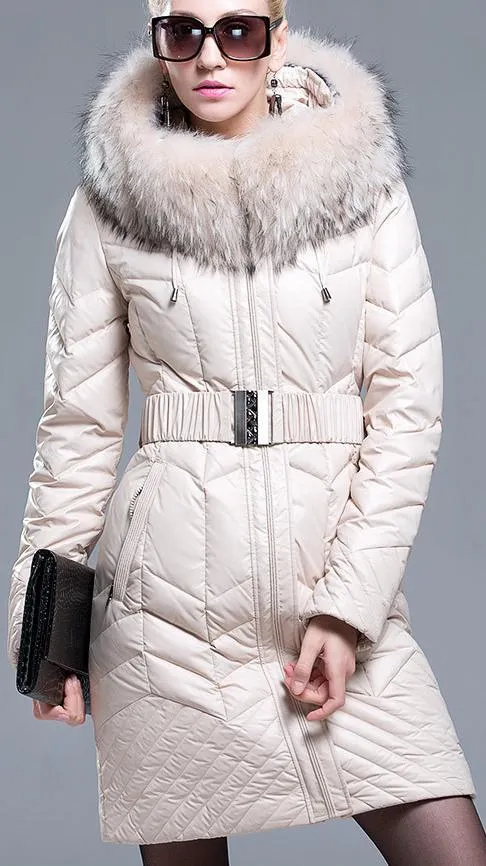 Belted Down-Fill Fur-Hooded Coat - Cream/Beige