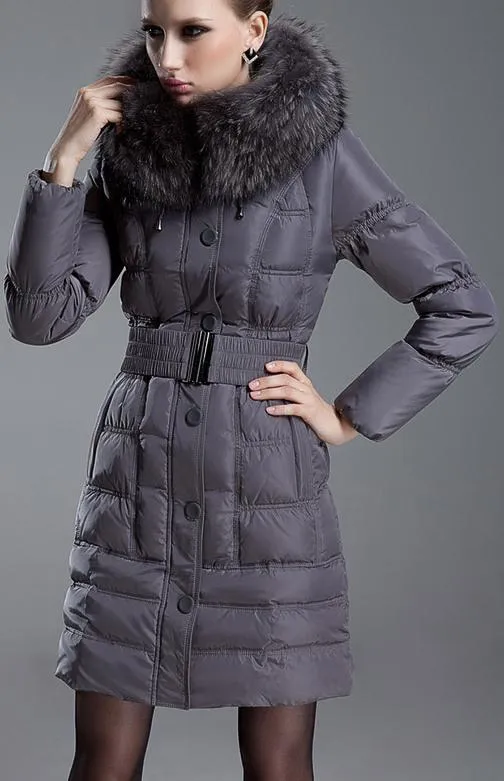 Belted Fur-Collar Down Coat, Grey