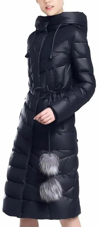 Belted Fur Pom Pom Puffer Down Coat in Dark Blue