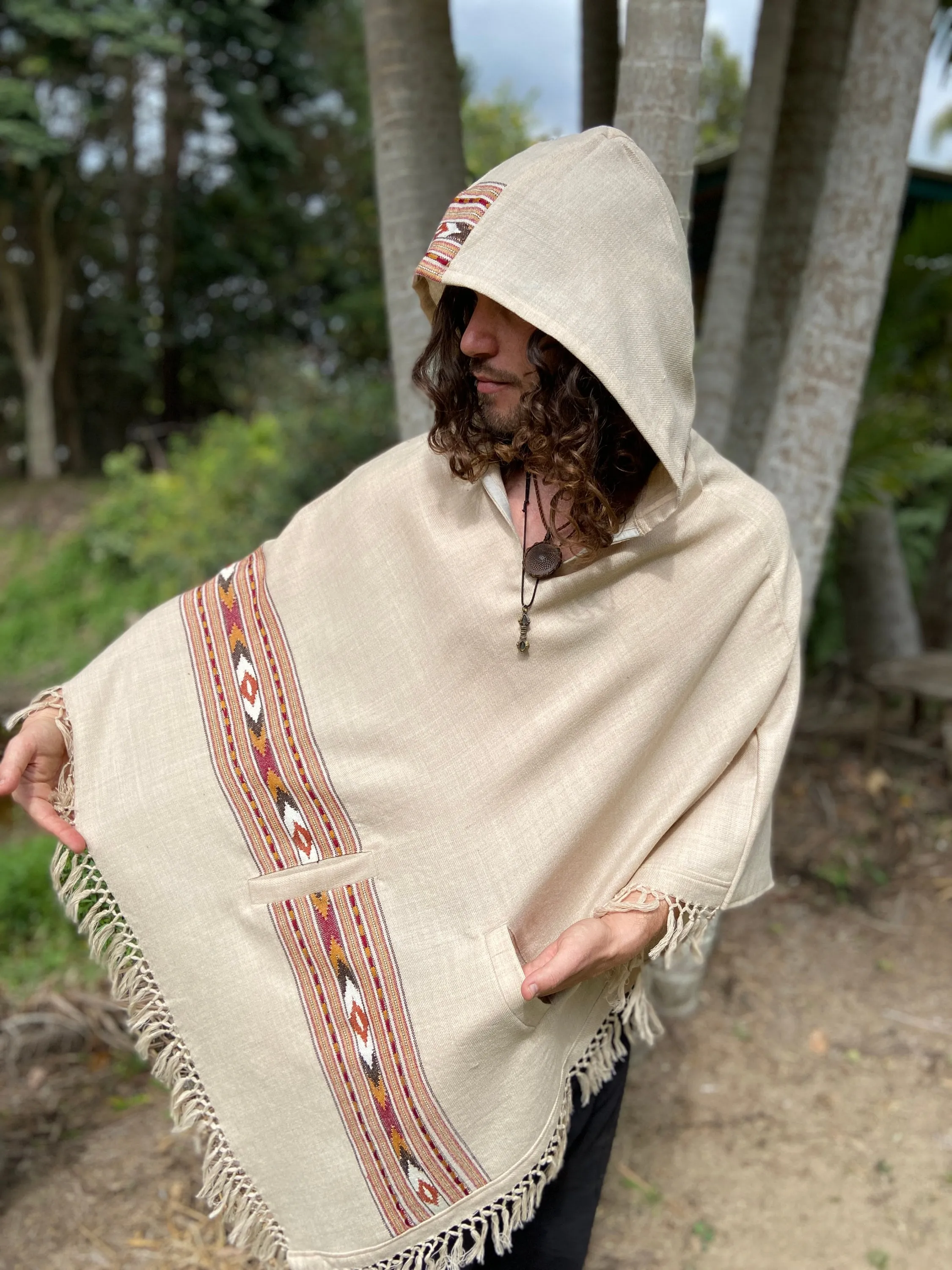 BHAVA Hooded Poncho Cream Beige Handwoven Wool Premium Pure Cashmere Hood Zen Embroidery Boho Gypsy Festival Mexican Aztec Celtic AJJAYA