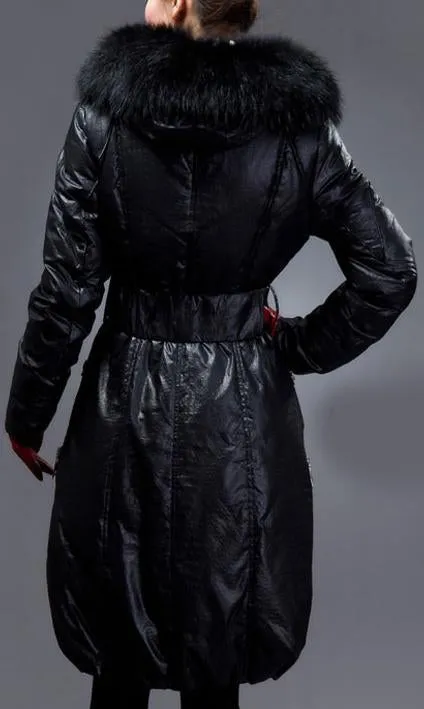 Black Belted Down-Fill Coat with Fur Hood