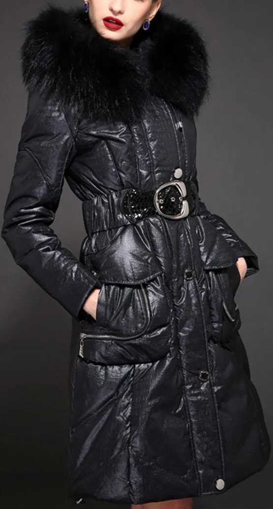 Black Belted Down-Fill Coat with Fur Hood