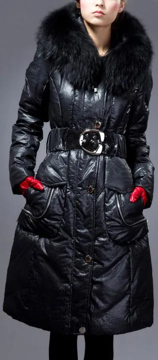 Black Belted Down-Fill Coat with Fur Hood