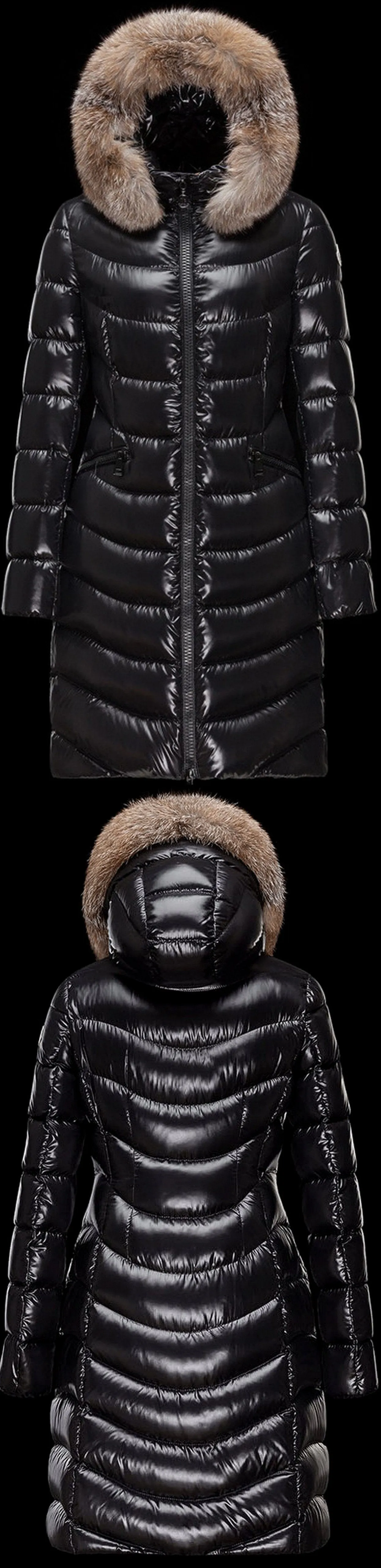 Black Paneled Puffer Coat with Fur Hood