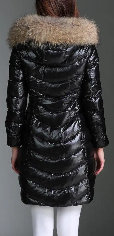 Black Paneled Puffer Coat with Fur Hood