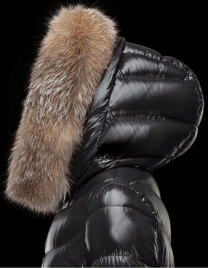 Black Paneled Puffer Coat with Fur Hood