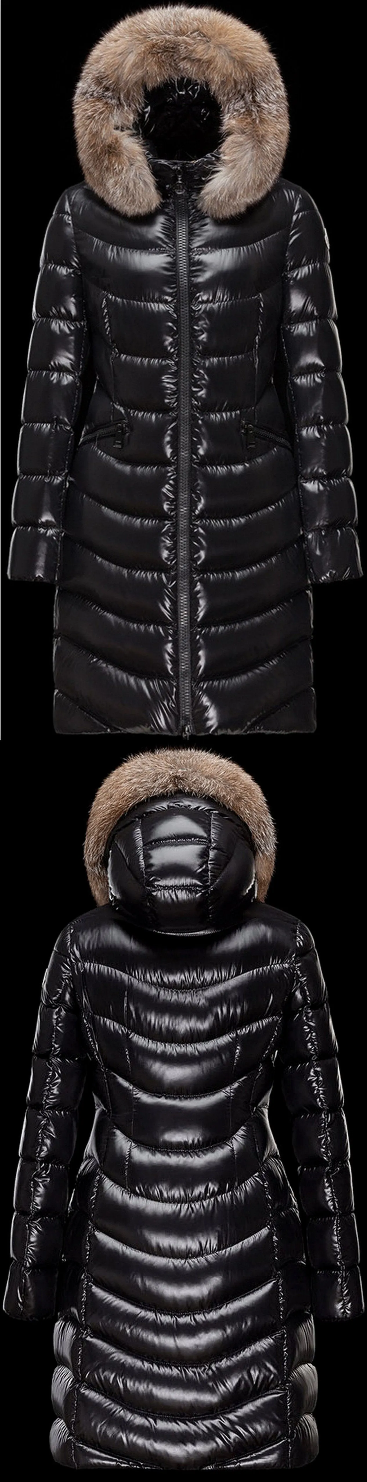 Black Paneled Puffer Coat with Fur Hood