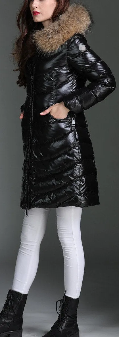 Black Paneled Puffer Coat with Fur Hood