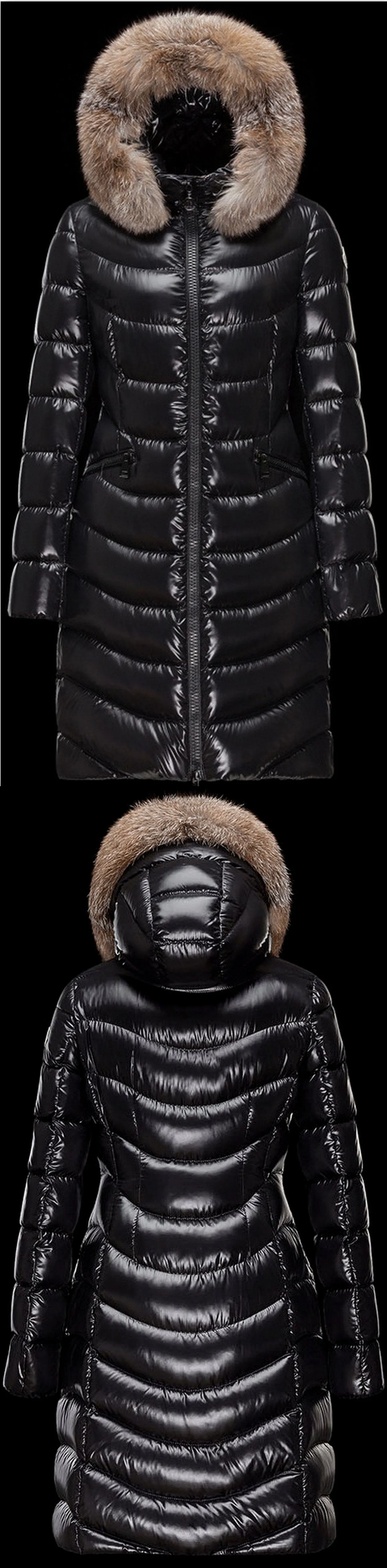 Black Paneled Puffer Coat with Fur Hood