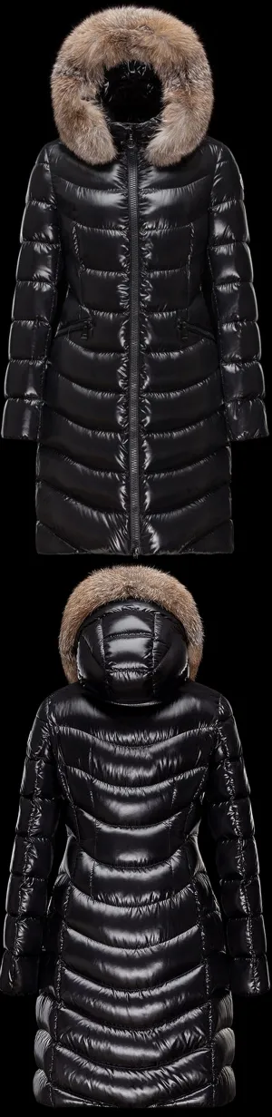 Black Paneled Puffer Coat with Fur Hood