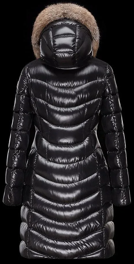 Black Paneled Puffer Coat with Fur Hood