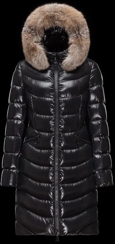 Black Paneled Puffer Coat with Fur Hood