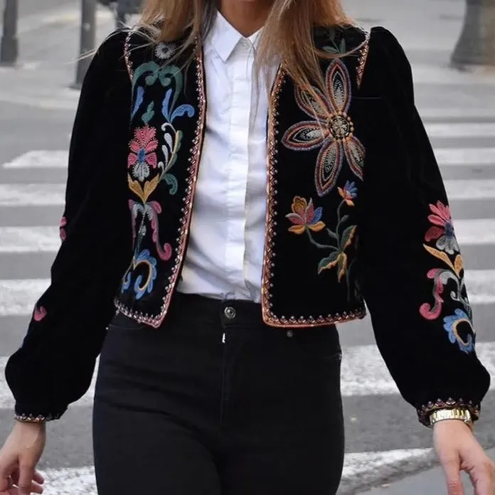 Black velvet embroidered blazer for women-Vintage style