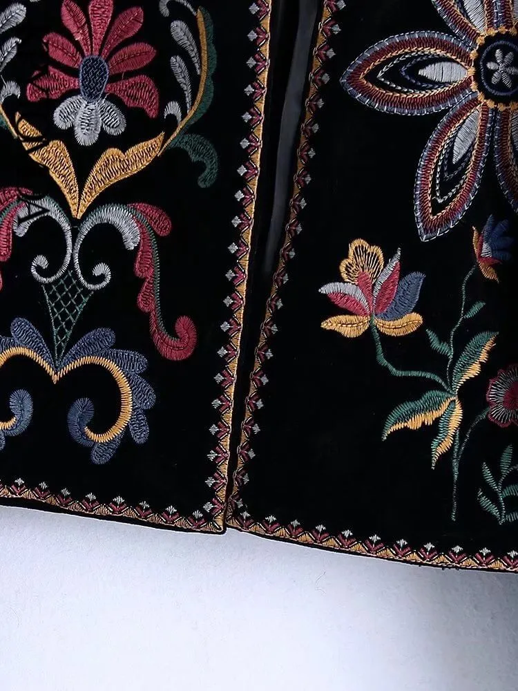 Black velvet embroidered blazer for women-Vintage style