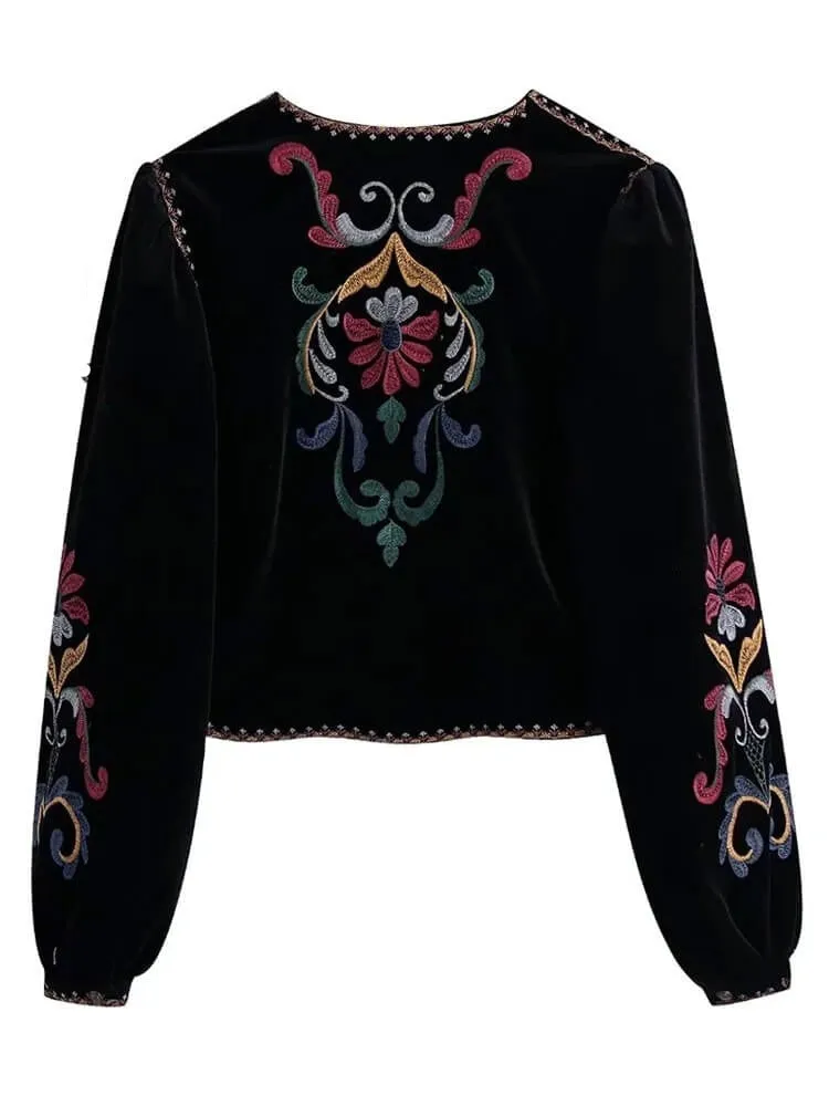 Black velvet embroidered blazer for women-Vintage style