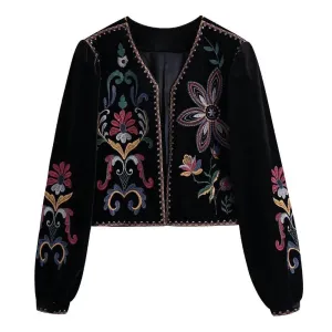 Black velvet embroidered blazer for women-Vintage style