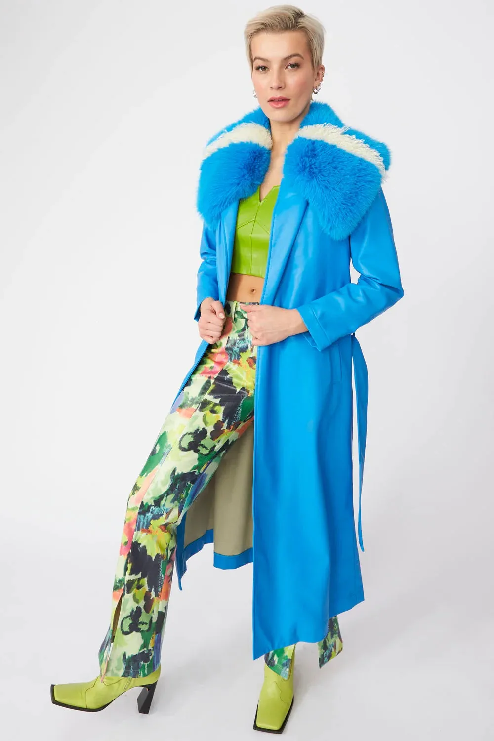 Blue Tencel Blend Eco Leather Trench Coat