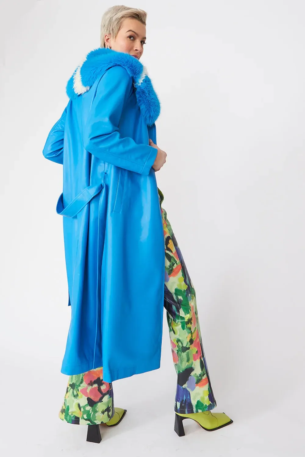 Blue Tencel Blend Eco Leather Trench Coat