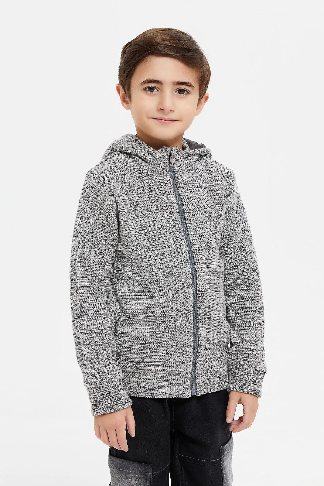 Boys Grey Fleece Lined Hooded Cardigan