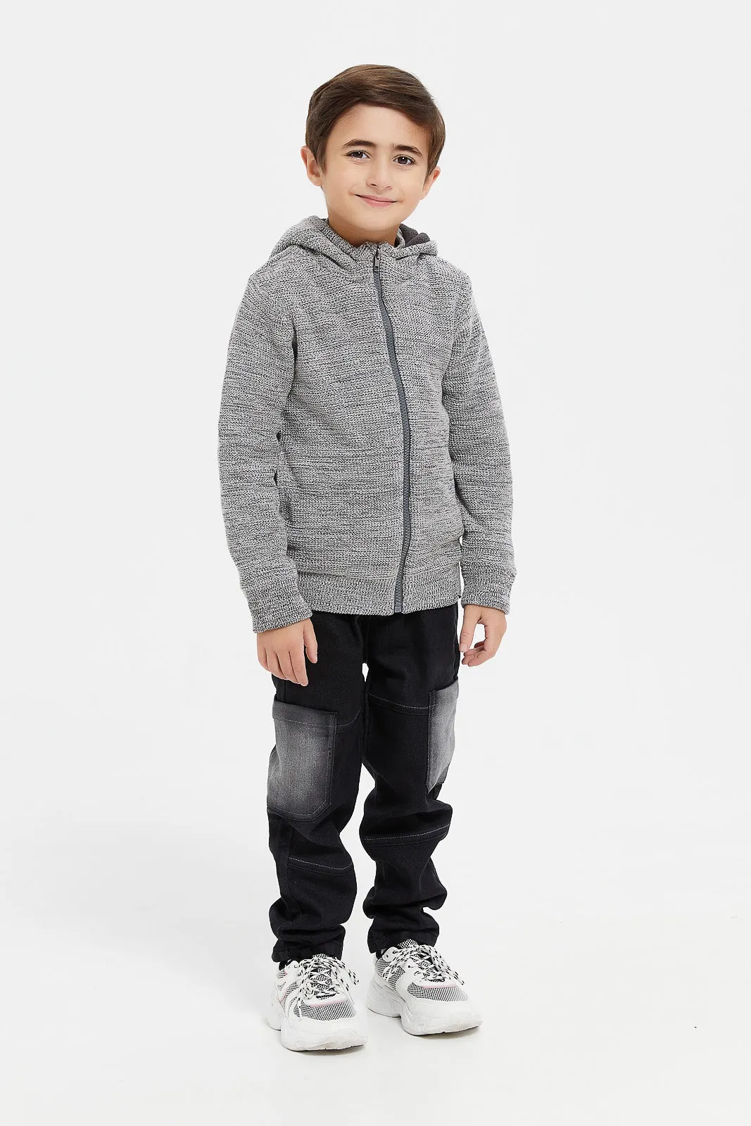 Boys Grey Fleece Lined Hooded Cardigan