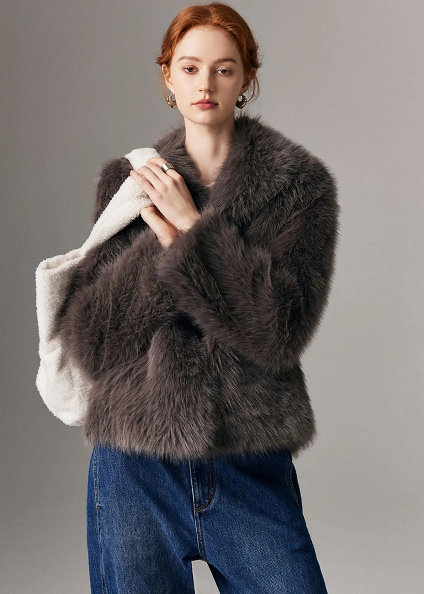 Brown Shawl Collar Faux Fur Short Coat