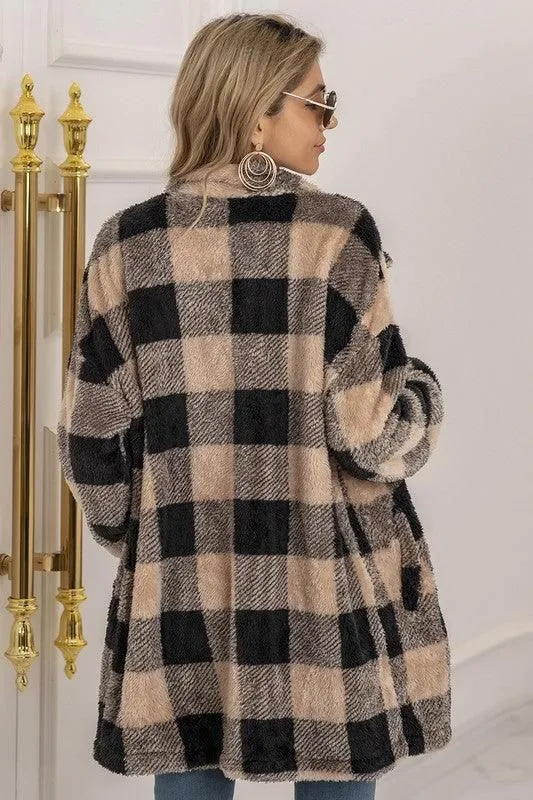 BUFFALO PLAID FLEECE FAUX FUR LAPEL JACKET COAT