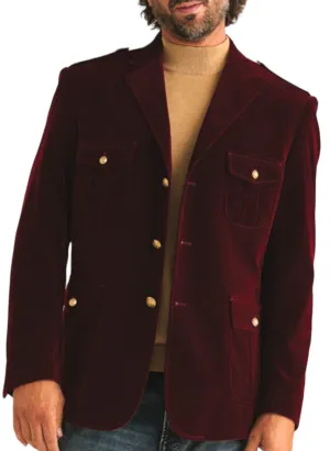 Burgundy Inserch Military Velvet Blazer Single Breasted Regular-Fit