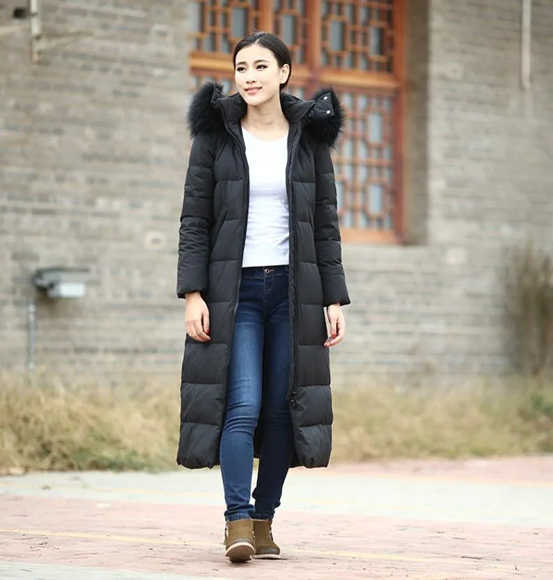 Casual Long Puffer Coat Women Down Coat Jacket Winter Down Jacket With Fur Trim 30211