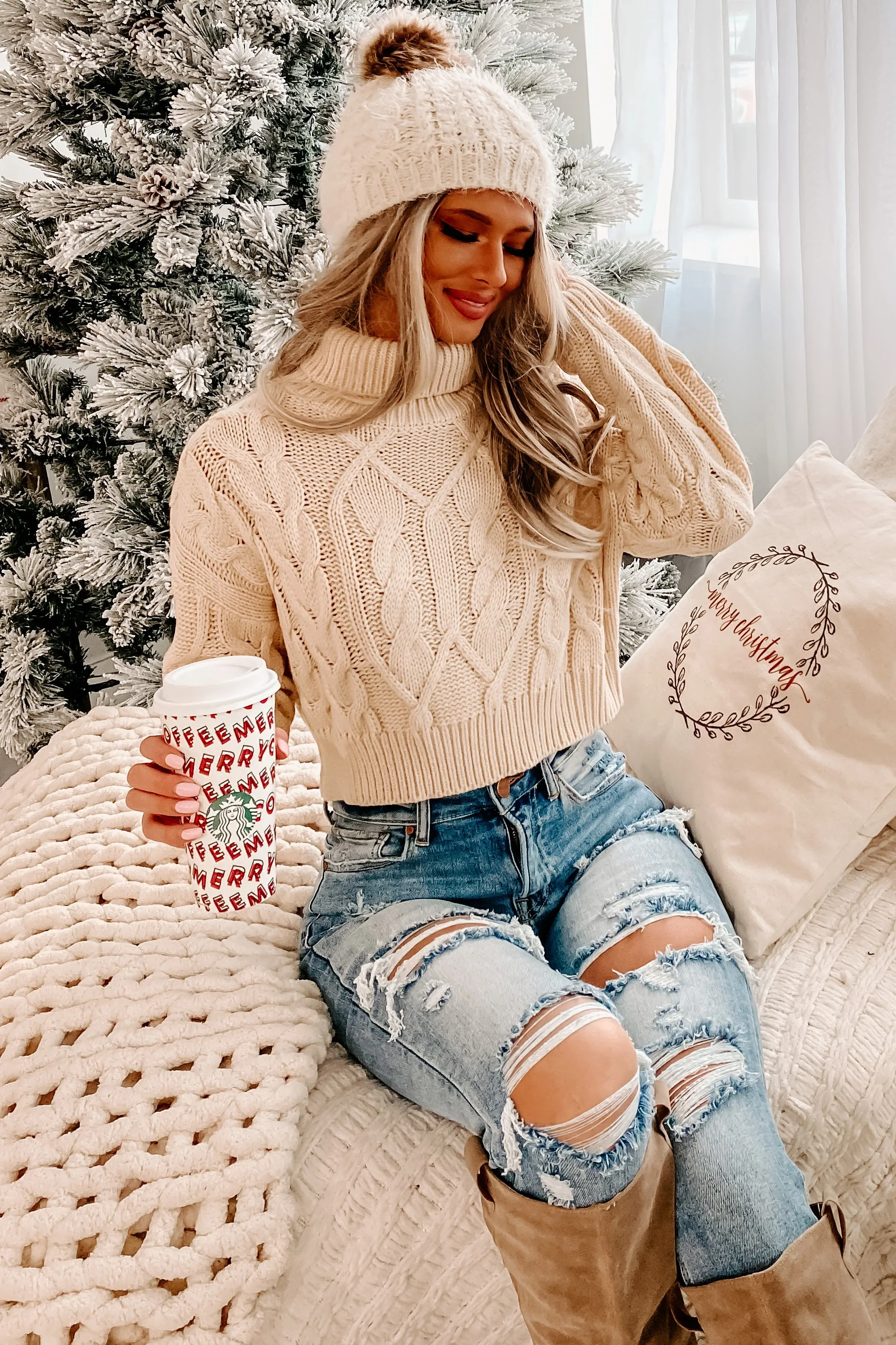 Charming Chats Cropped Cable Knit Sweater (Beige)