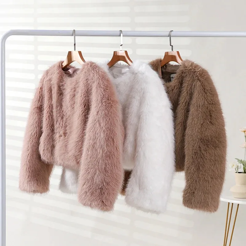 Chic fluffy faux fur coat v-neck collar coat