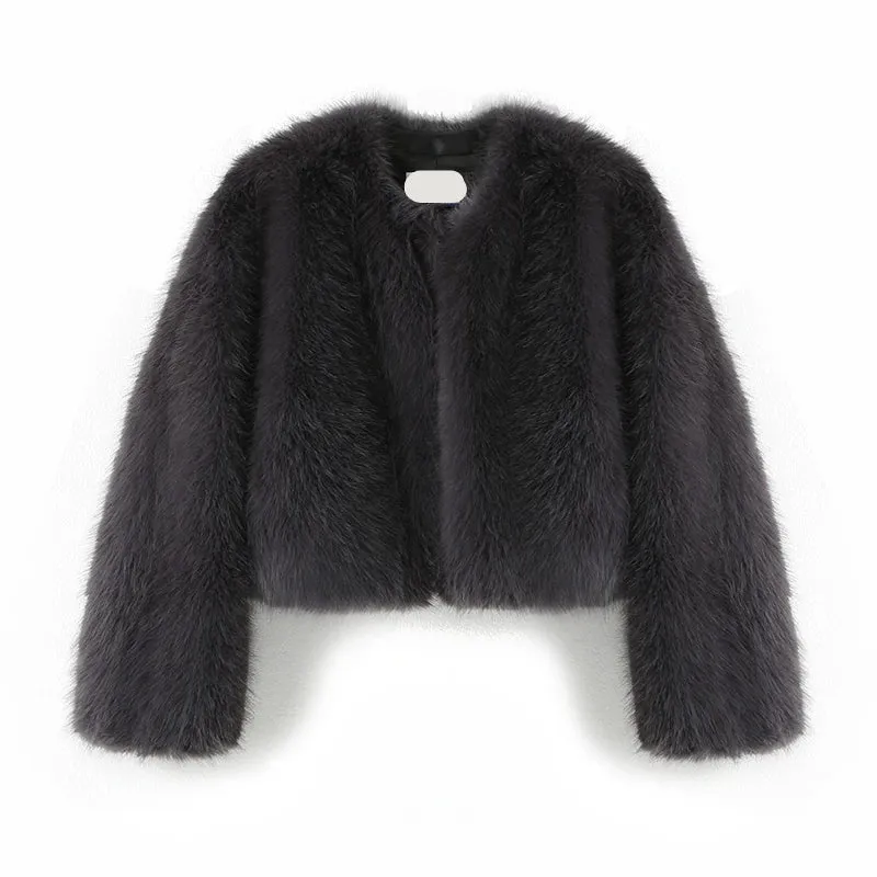 Chic fluffy faux fur coat v-neck collar coat