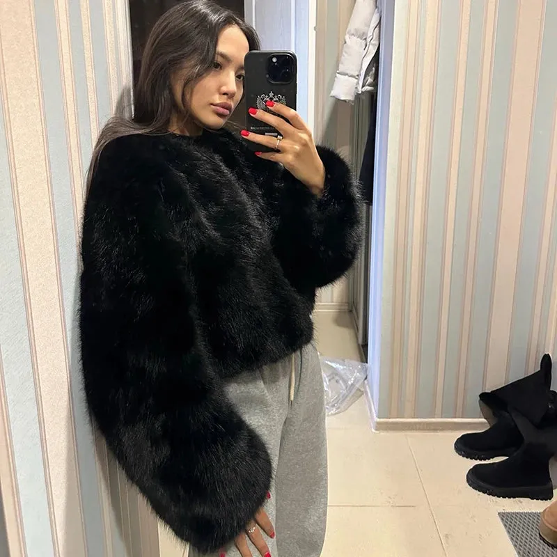 Chic fluffy faux fur coat v-neck collar coat