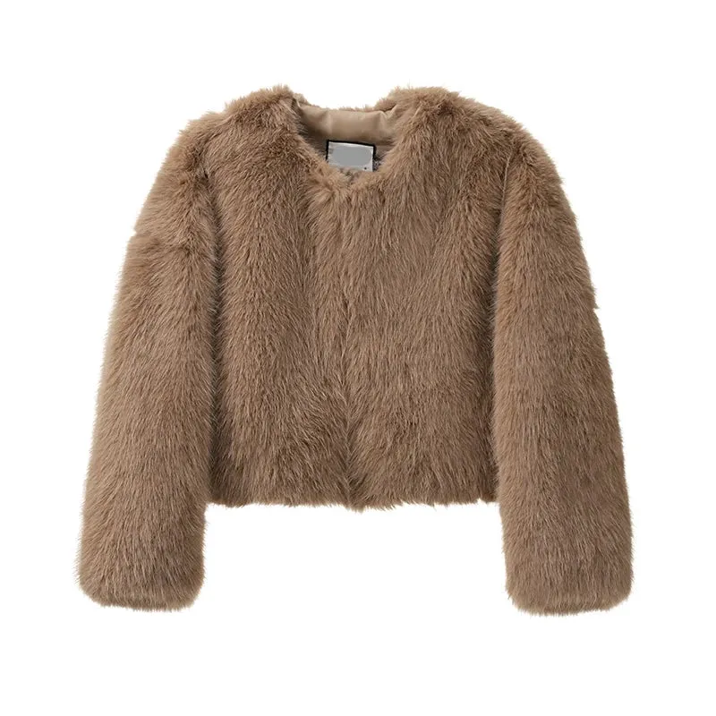 Chic fluffy faux fur coat v-neck collar coat