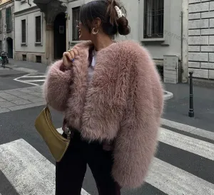 Chic fluffy faux fur coat v-neck collar coat