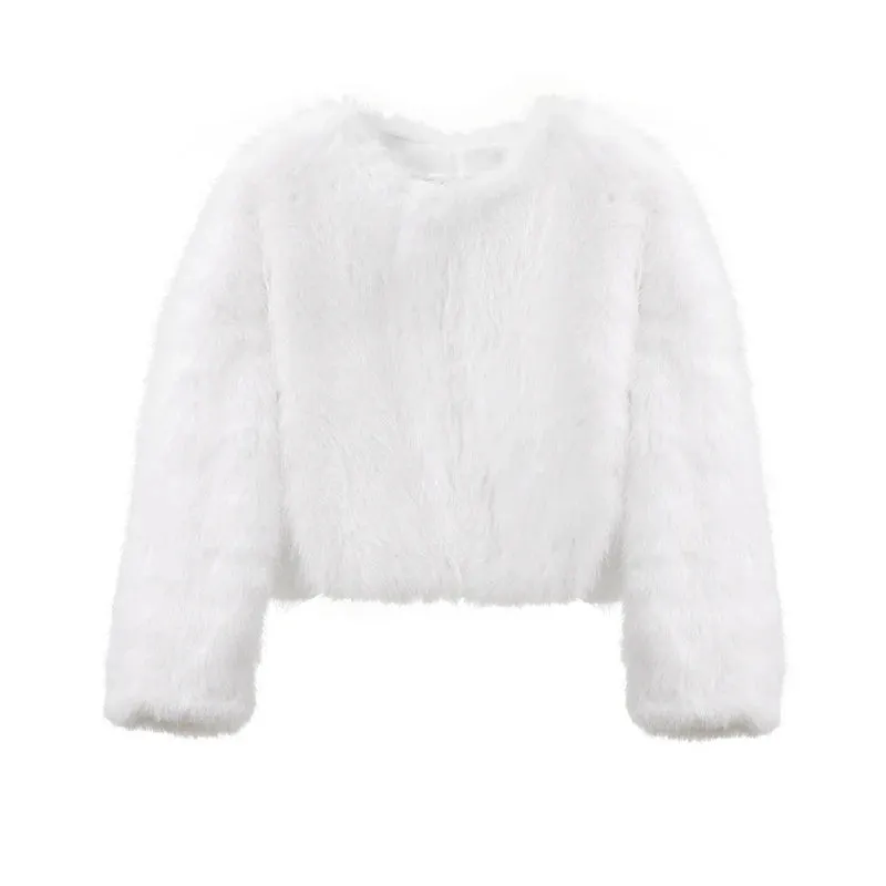 Chic fluffy faux fur coat v-neck collar coat